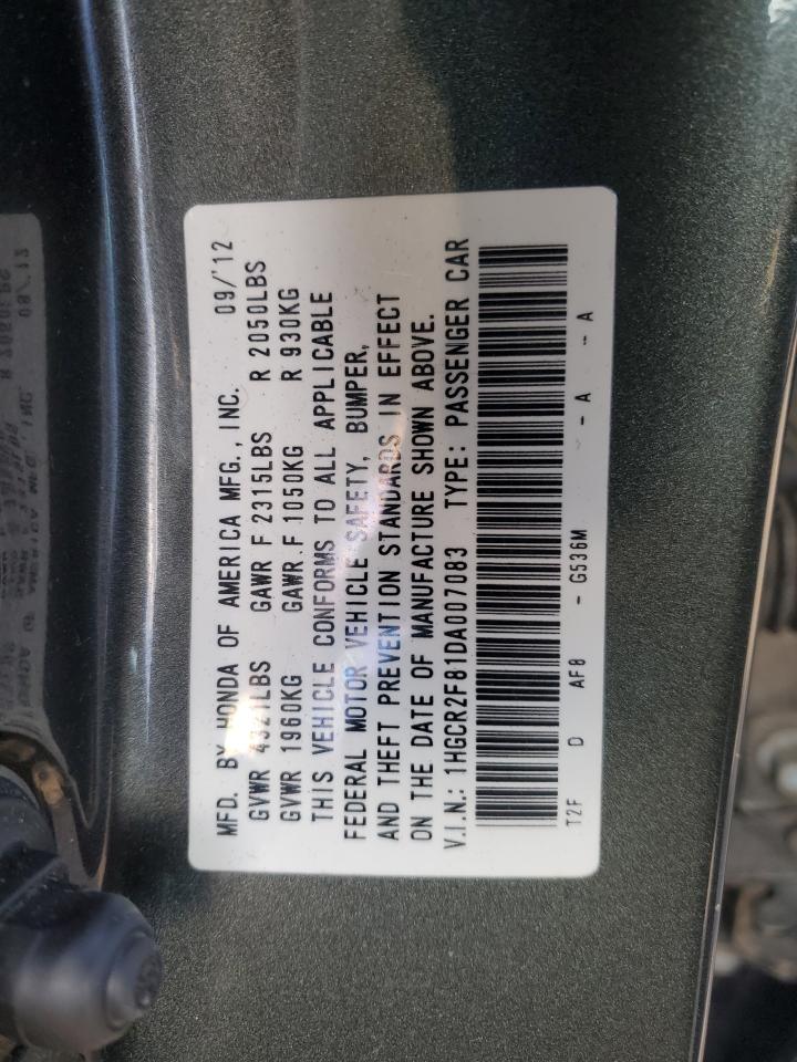 2013 Honda Accord VIN 1HGCR2F81DA007083 Copart auction photo, front end / top/roof damage thumbnail 12
