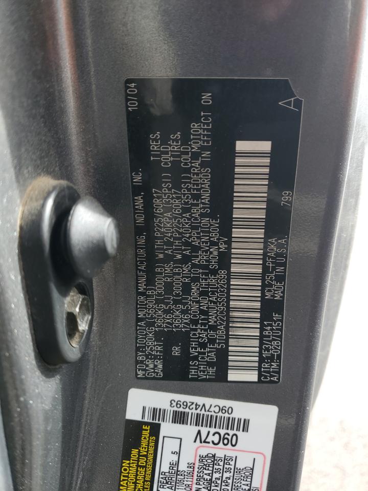 2005 Toyota Sienna VIN 5TDBA22C95S032698 Copart auction photo, side / undercarriage damage thumbnail 14