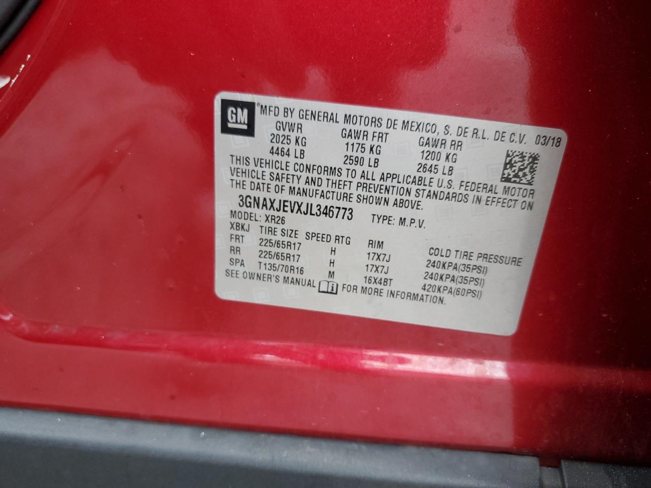 2018 Chevrolet Equinox VIN 3GNAXJEVXJL346773 Copart auction photo, side damage thumbnail 13