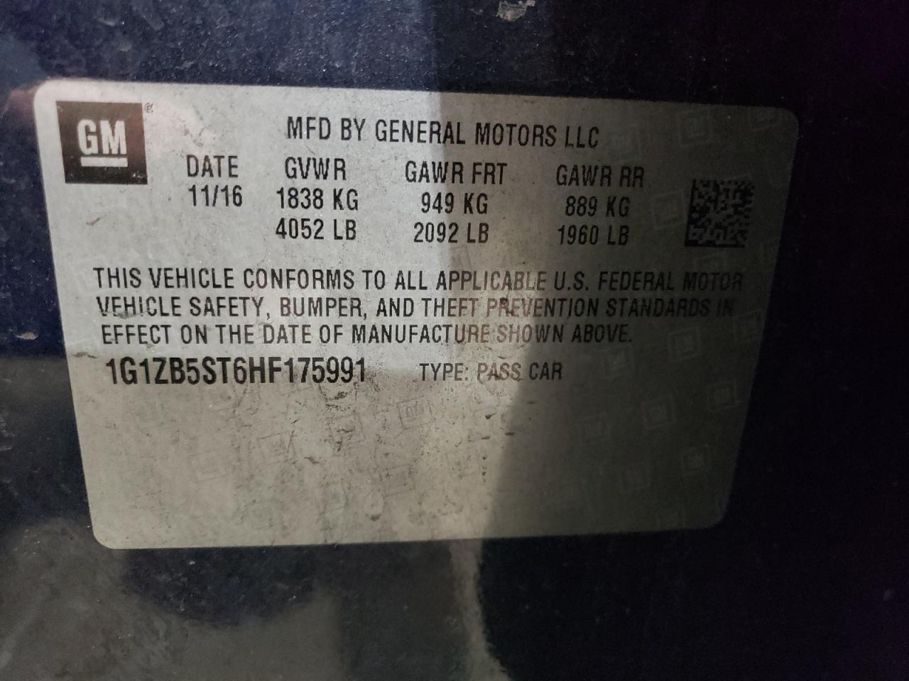 2017 Chevrolet Malibu VIN 1G1ZB5ST6HF175991 Copart auction photo, rear end / side damage thumbnail 12