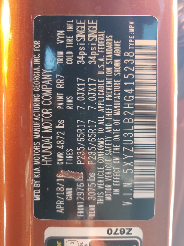2017 Hyundai Santa Fe VIN 5XYZU3LB2HG415238 Copart auction photo, rear end damage thumbnail 13