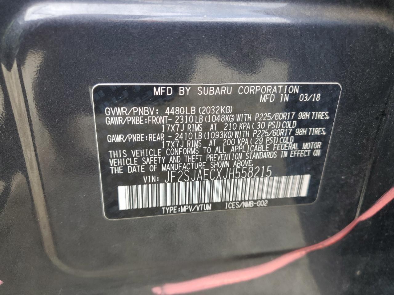 2018 Subaru Forester VIN JF2SJAECXJH558215 Copart auction photo, all over damage thumbnail 14