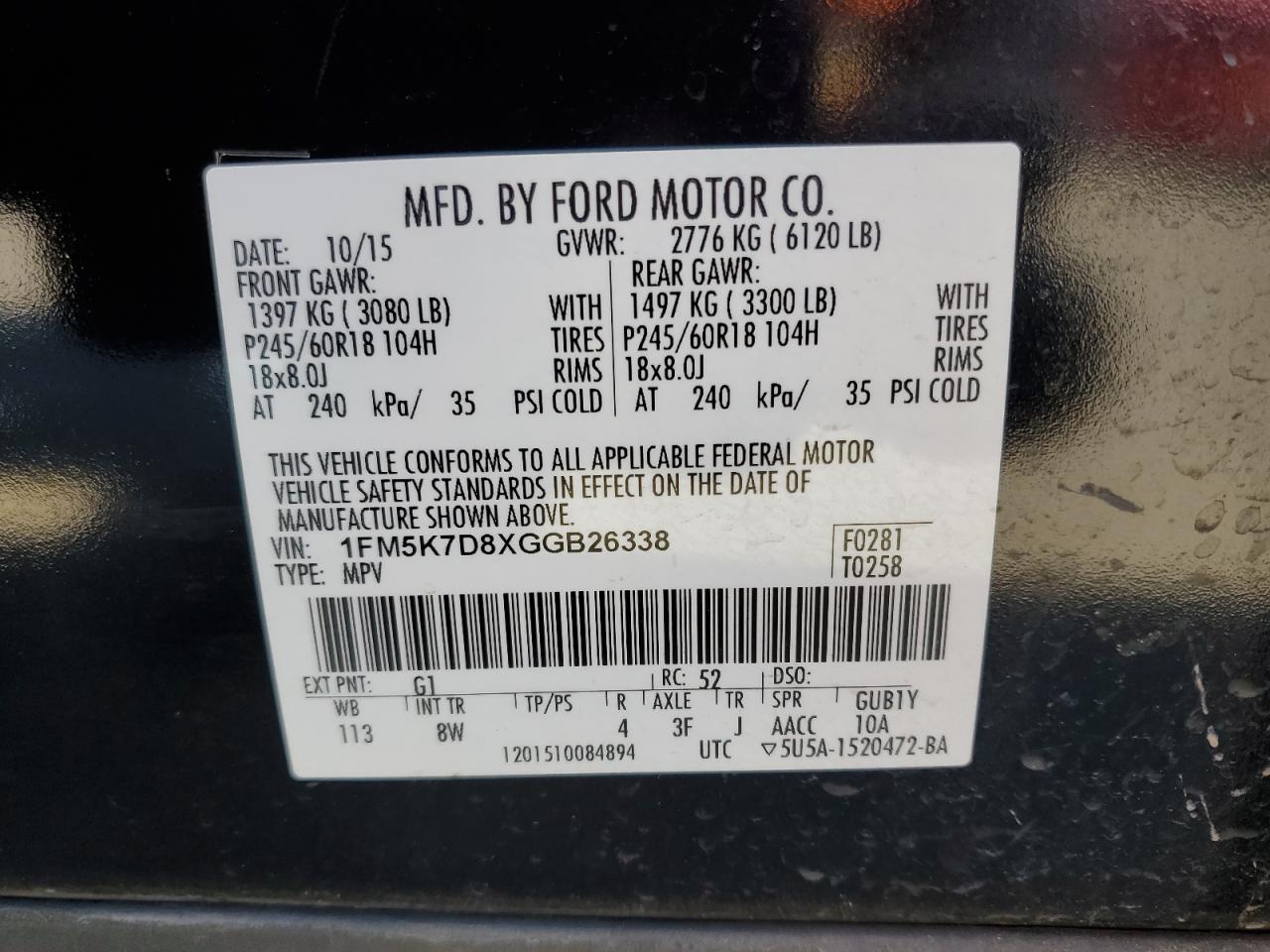 2016 Ford Explorer VIN 1FM5K7D8XGGB26338 Copart auction photo, front end / side damage thumbnail 15