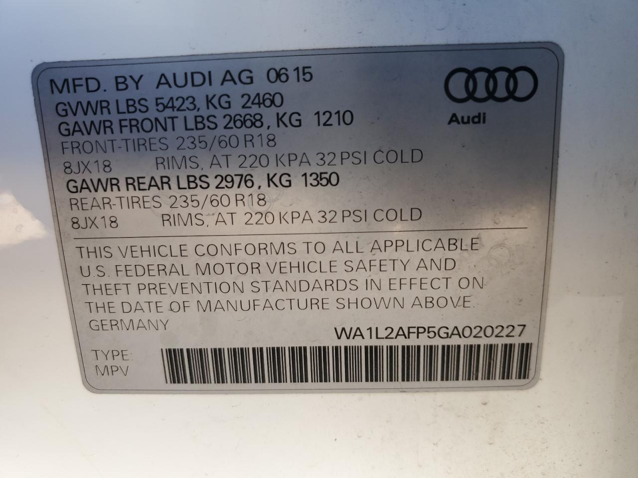 2016 Audi Q5 VIN WA1L2AFP5GA020227 Copart auction photo, front end damage thumbnail 15