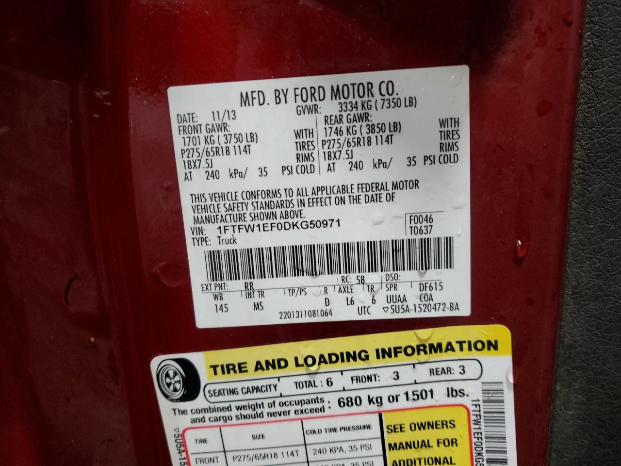 2013 Ford F-150 VIN 1FTFW1EF0DKG50971 Copart auction photo, front end damage thumbnail 13