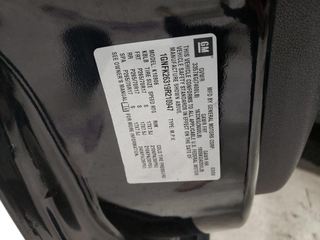 2009 Chevrolet Suburban VIN 1GNFK26319R210947 Copart auction photo, all over damage thumbnail 15