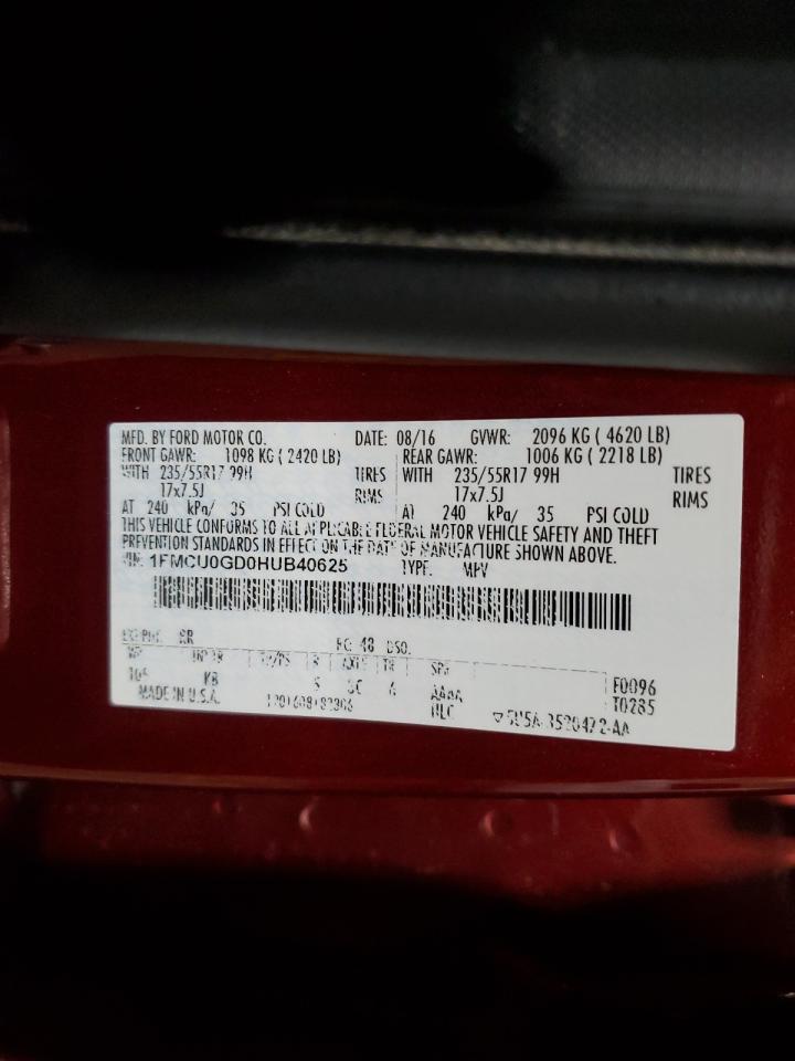 2017 Ford Escape VIN 1FMCU0GD0HUB40625 Copart auction photo, rear end / front end damage thumbnail 13