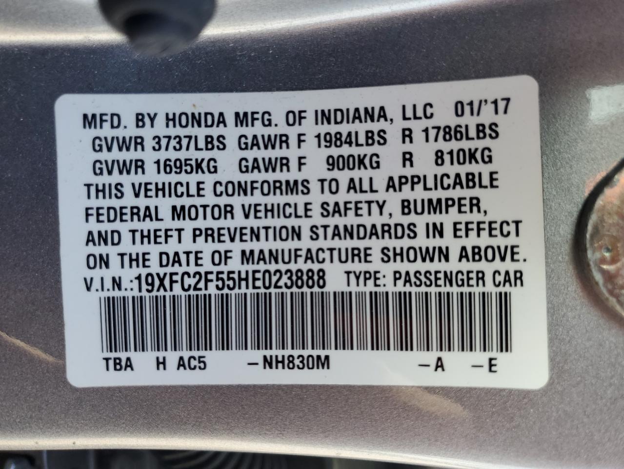 2017 Honda Civic VIN 19XFC2F55HE023888 Copart auction photo, rear end damage thumbnail 14