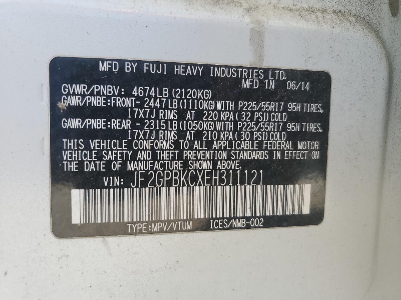 2014 Subaru XV VIN JF2GPBKCXEH311121 Copart auction photo, water/flood damage thumbnail 14