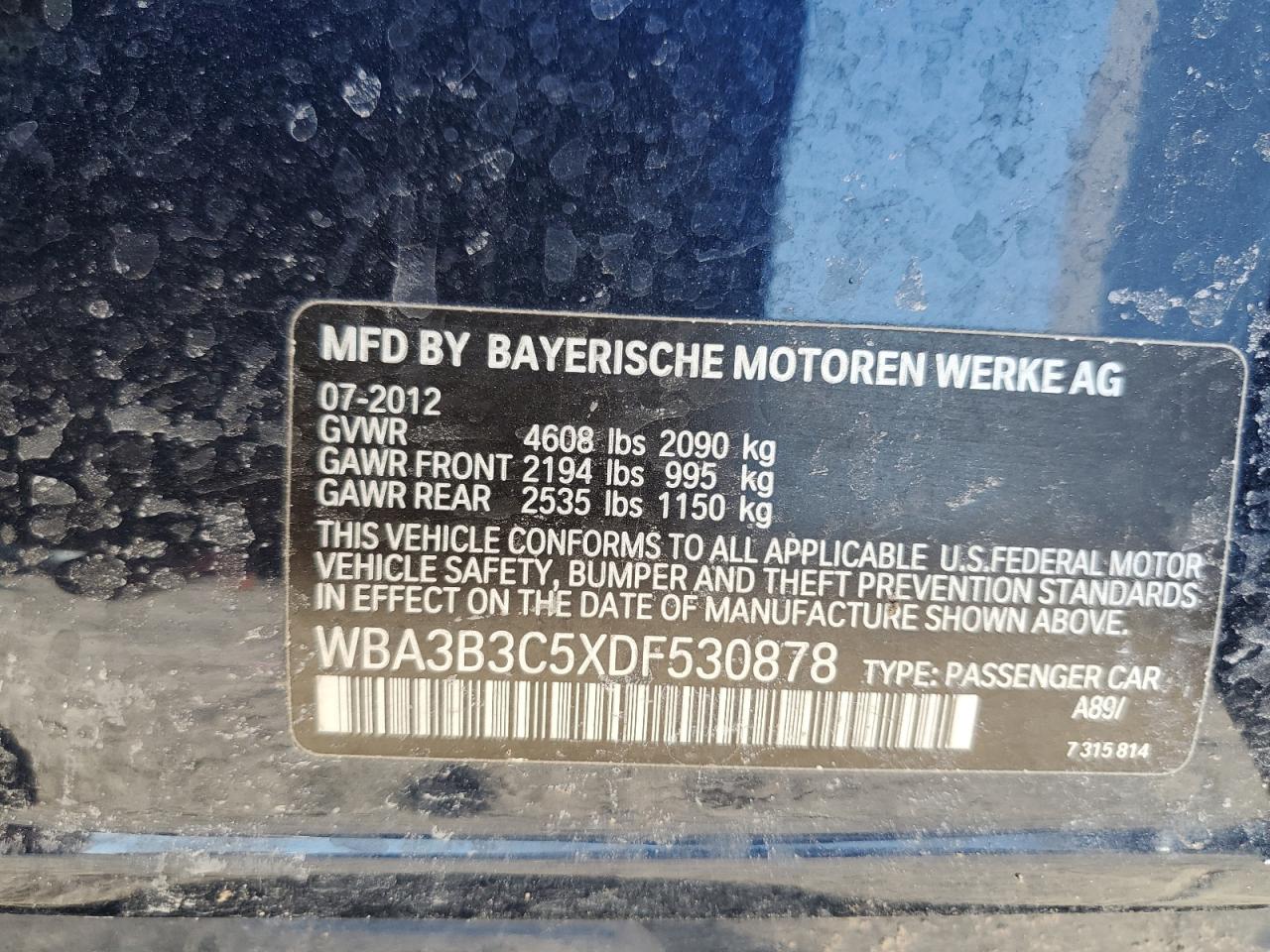 2013 BMW 3er VIN WBA3B3C5XDF530878 Copart auction photo, side damage thumbnail 14