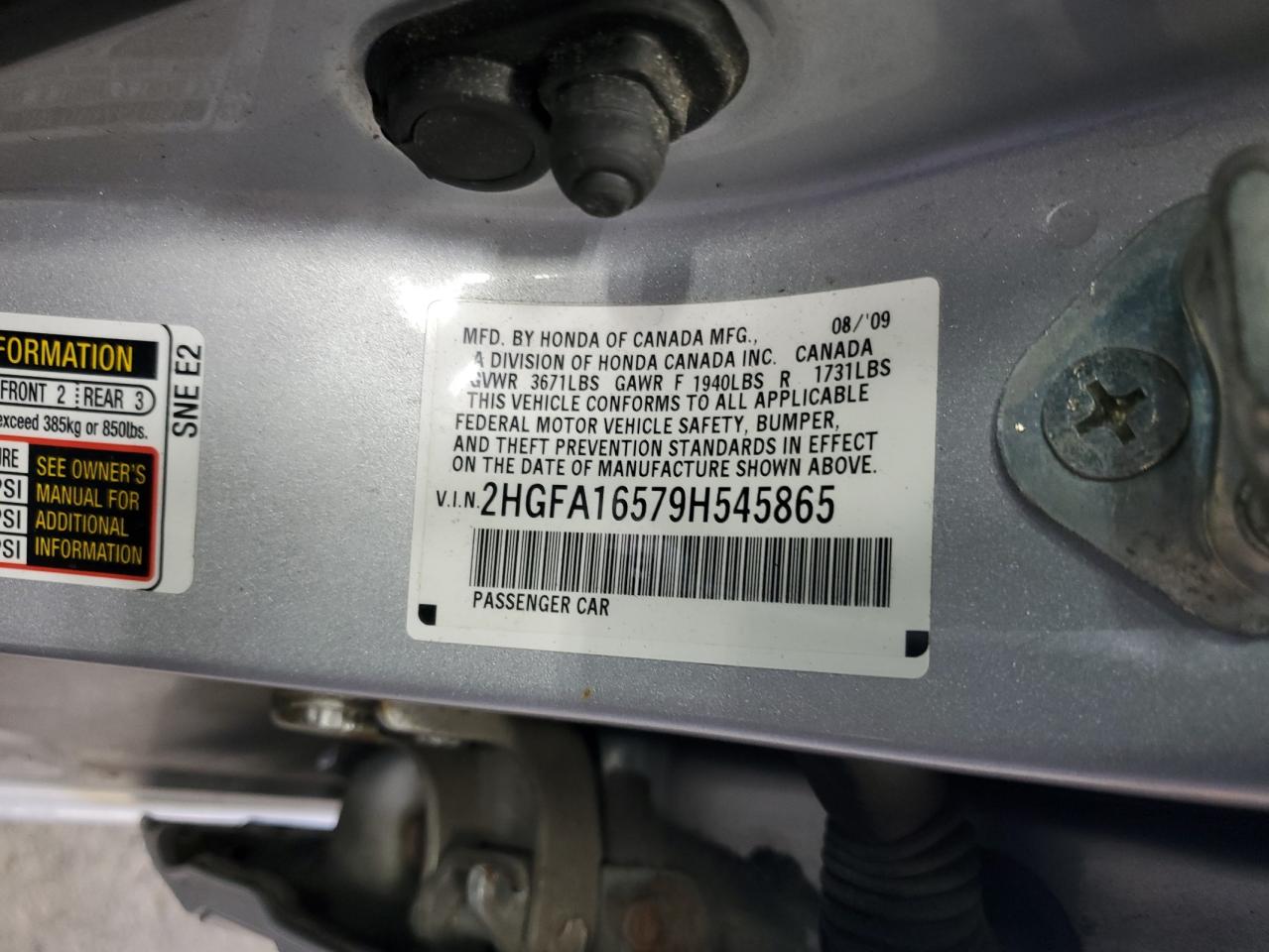 2009 Honda Civic VIN 2HGFA16579H545865 Copart auction photo, front end damage thumbnail 13