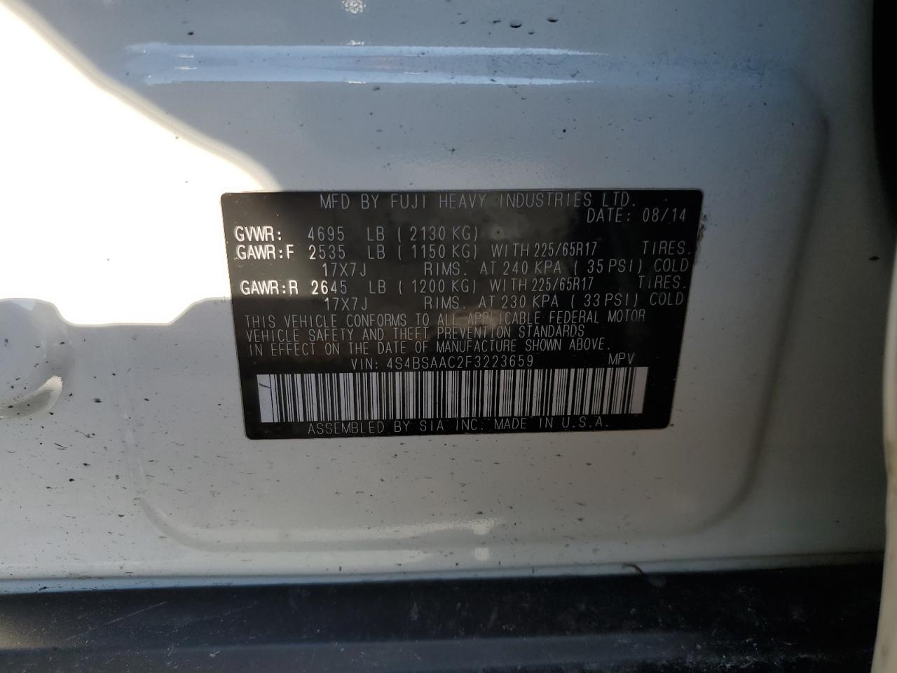 2015 Subaru Outback VIN 4S4BSAAC2F3223659 Copart auction photo, front end / undercarriage damage thumbnail 15