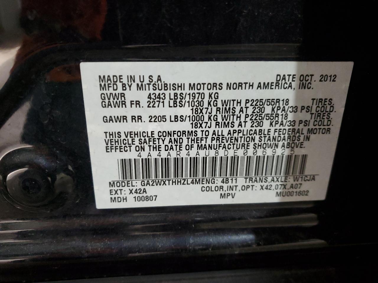 2013 Mitsubishi Outlander VIN 4A4AR4AU8DE006925 Copart auction photo, front end damage thumbnail 13