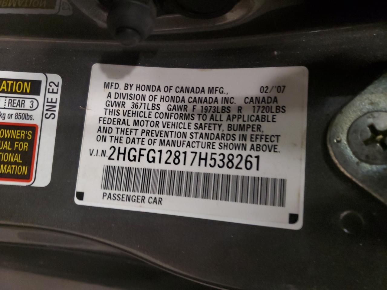 2007 Honda Civic VIN 2HGFG12817H538261 Copart auction photo, front end damage thumbnail 13