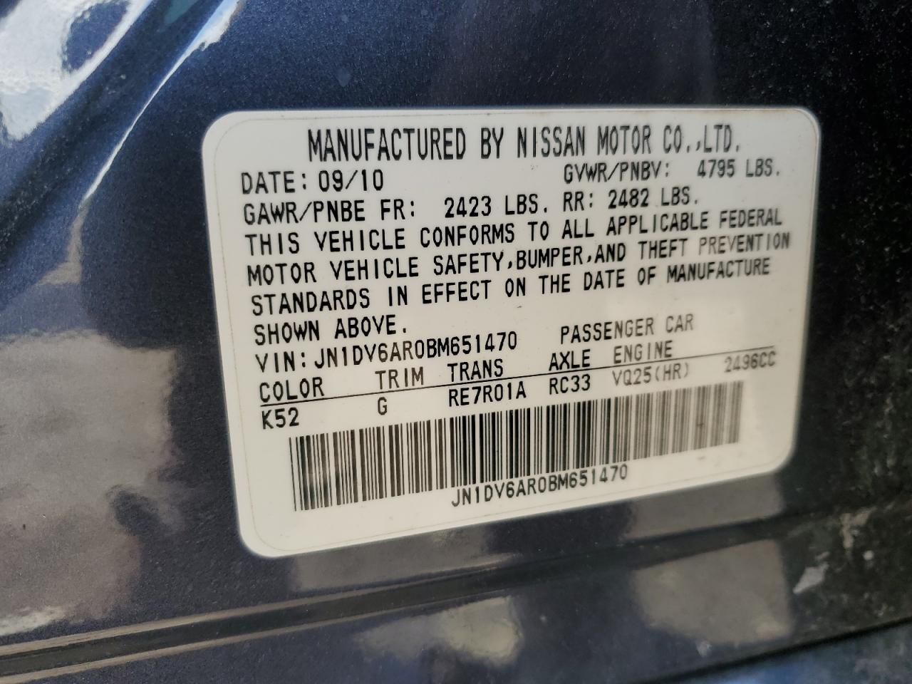 2011 Infiniti G VIN JN1DV6AR0BM651470 Copart auction photo, front end damage thumbnail 14
