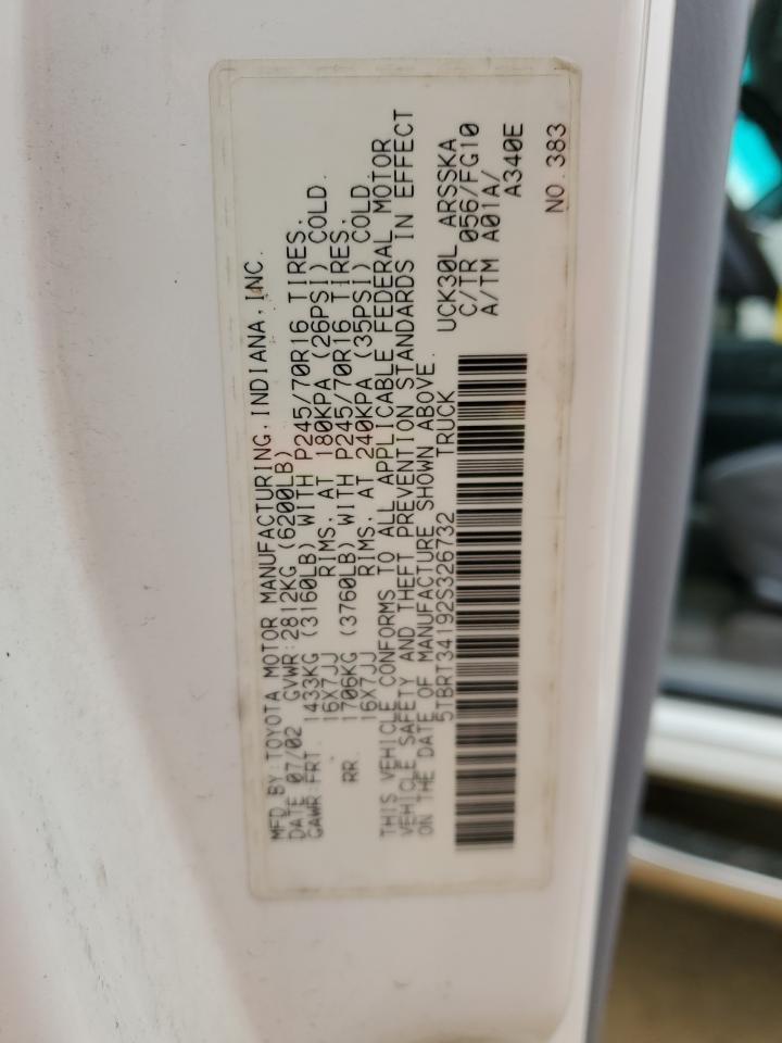 2002 Toyota Tundra VIN 5TBRT34192S326732 Copart auction photo, front end / rear end damage thumbnail 12