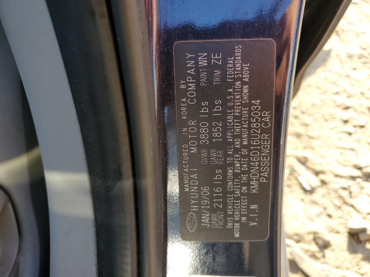2006 Hyundai Elantra VIN KMHDN46D16U285034 Copart auction photo, front end / rear end damage thumbnail 14