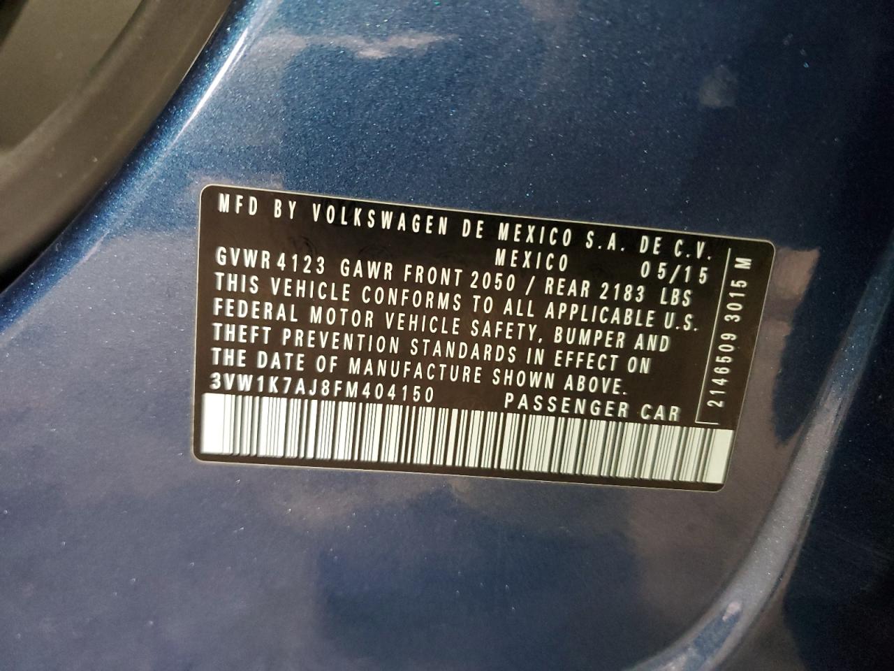 2015 Volkswagen Jetta VIN 3VW1K7AJ8FM404150 Copart auction photo, front end / side damage thumbnail 14