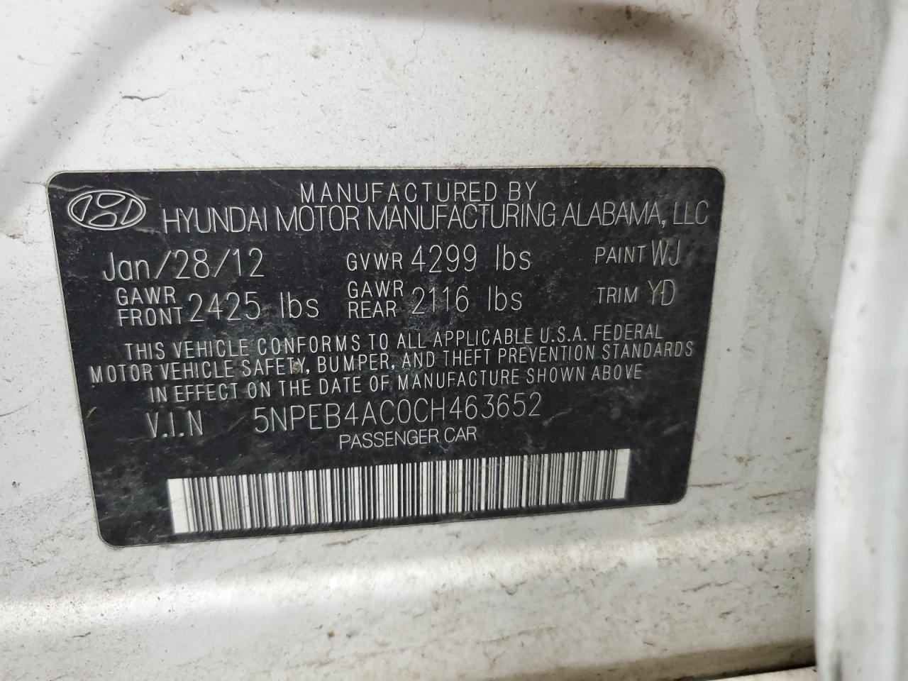 2012 Hyundai Sonata VIN 5NPEB4AC0CH463652 Copart auction photo, rear end / side damage thumbnail 14