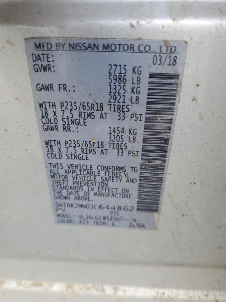2018 Nissan Pathfinder VIN 5N1DR2MN0JC644862 Copart auction photo, front end damage thumbnail 13
