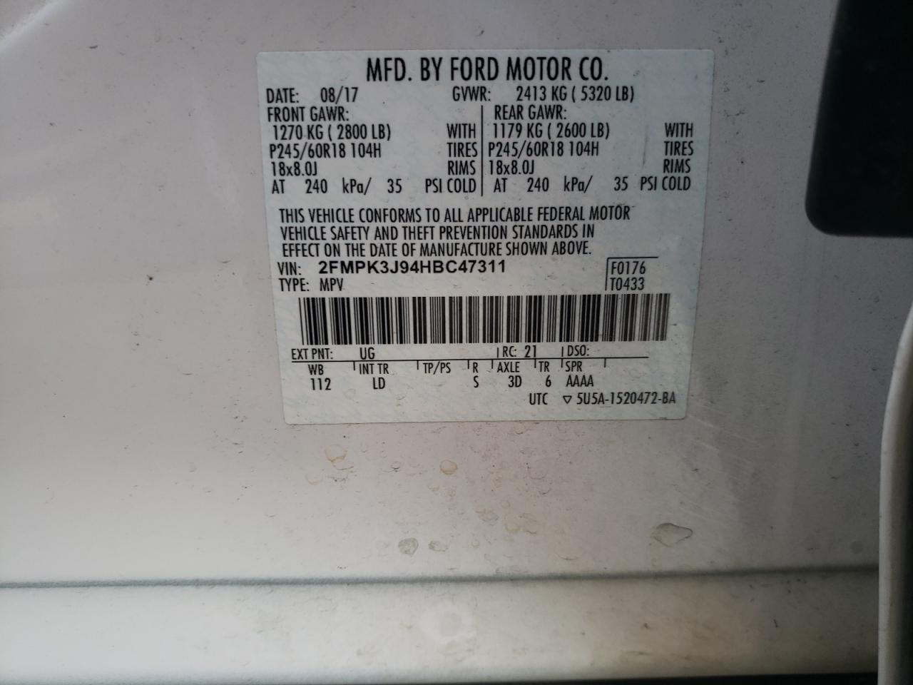 2017 Ford Edge VIN 2FMPK3J94HBC47311 Copart auction photo, front end damage thumbnail 13