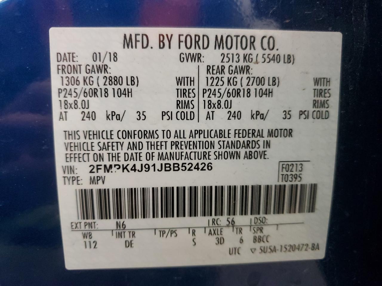 2018 Ford Edge VIN 2FMPK4J91JBB52426 Copart auction photo, all over damage thumbnail 14