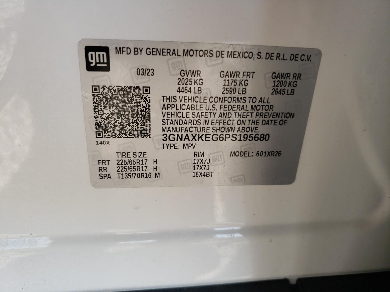 2023 Chevrolet Equinox VIN 3GNAXKEG6PS195680 Copart auction photo, front end / minor dent/scratches damage thumbnail 14