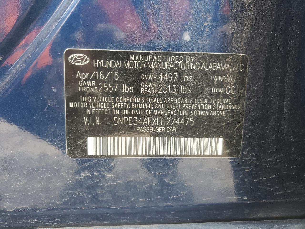 2015 Hyundai Sonata VIN 5NPE34AFXFH224475 Copart auction photo, front end damage thumbnail 15