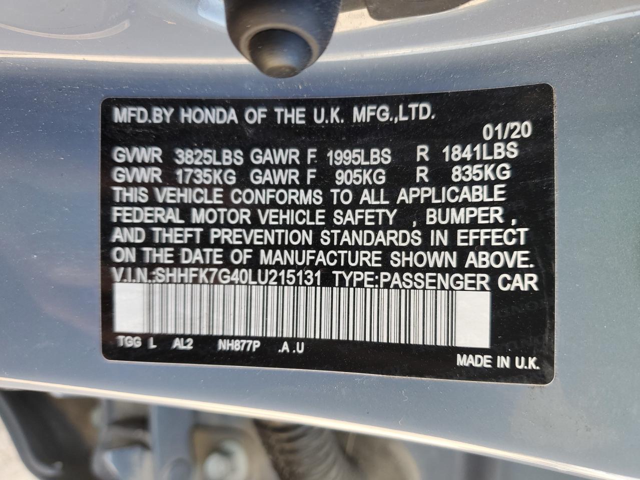 2020 Honda Civic VIN SHHFK7G40LU215131 Copart auction photo, front end / rear end damage thumbnail 15