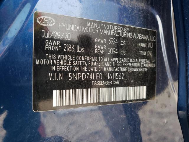 2020 Hyundai Elantra VIN 5NPD74LF0LH611562 Copart auction photo, hail damage thumbnail 12