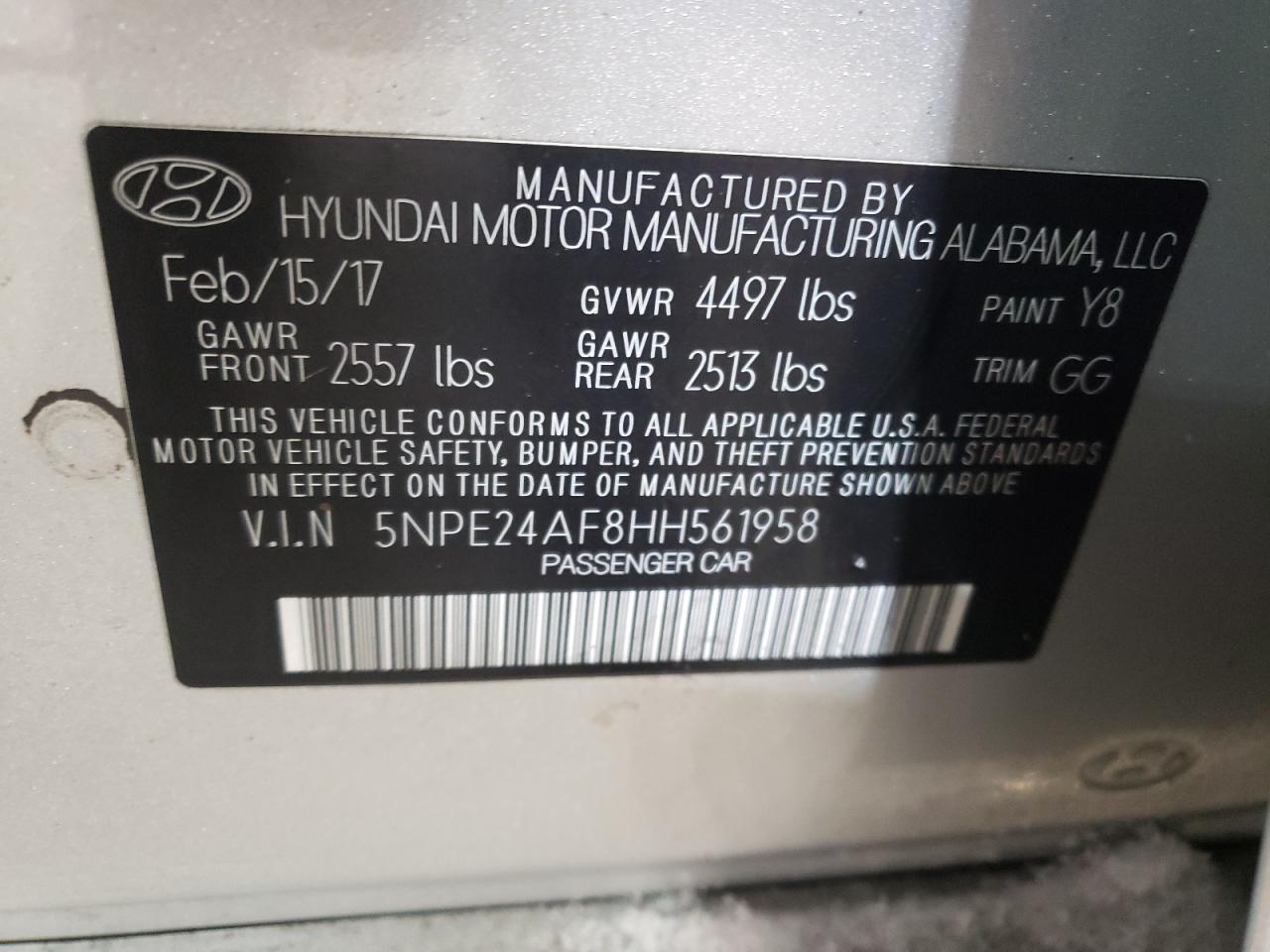 2017 Hyundai Sonata VIN 5NPE24AF8HH561958 Copart auction photo, front end damage thumbnail 12