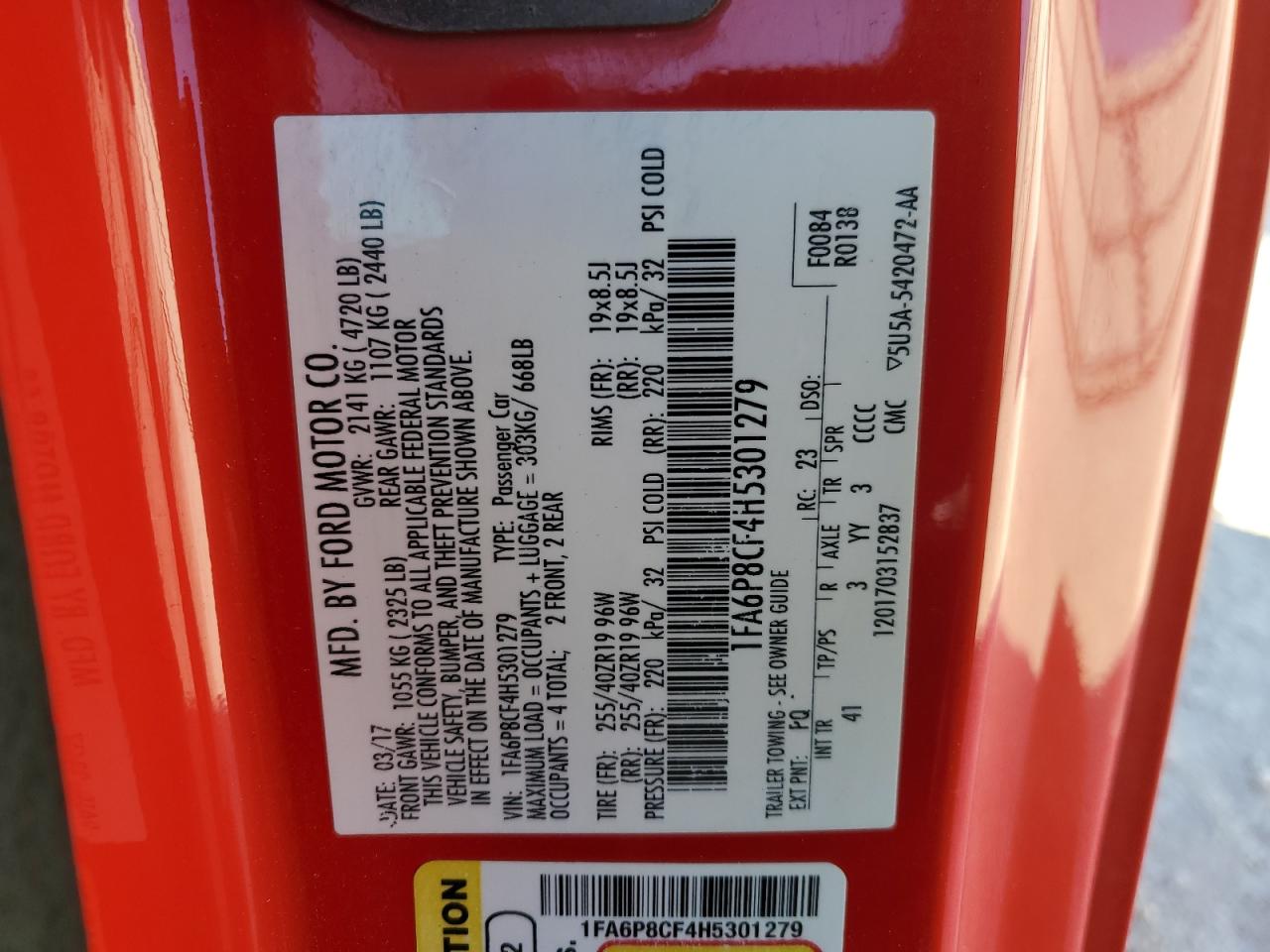 2017 Ford Mustang VIN 1FA6P8CF4H5301279 Copart auction photo, front end / side damage thumbnail 12