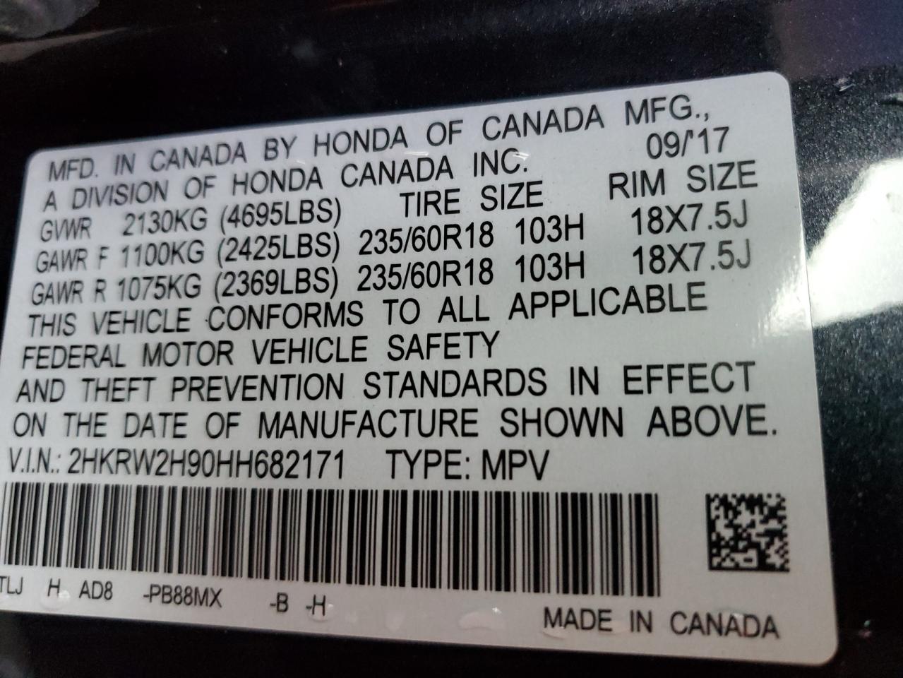 2017 Honda CR-V VIN 2HKRW2H90HH682171 Copart auction photo, hail damage thumbnail 12
