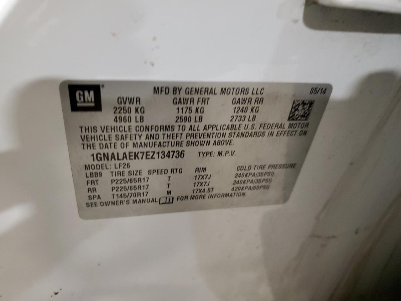 2014 Chevrolet Equinox VIN 1GNALAEK7EZ134736 Copart auction photo, rear end / mechanical damage thumbnail 13