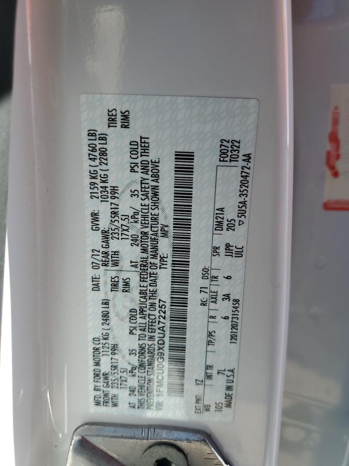 2013 Ford Escape VIN 1FMCU0G9XDUA72257 Copart auction photo, front end / minor dent/scratches damage thumbnail 14