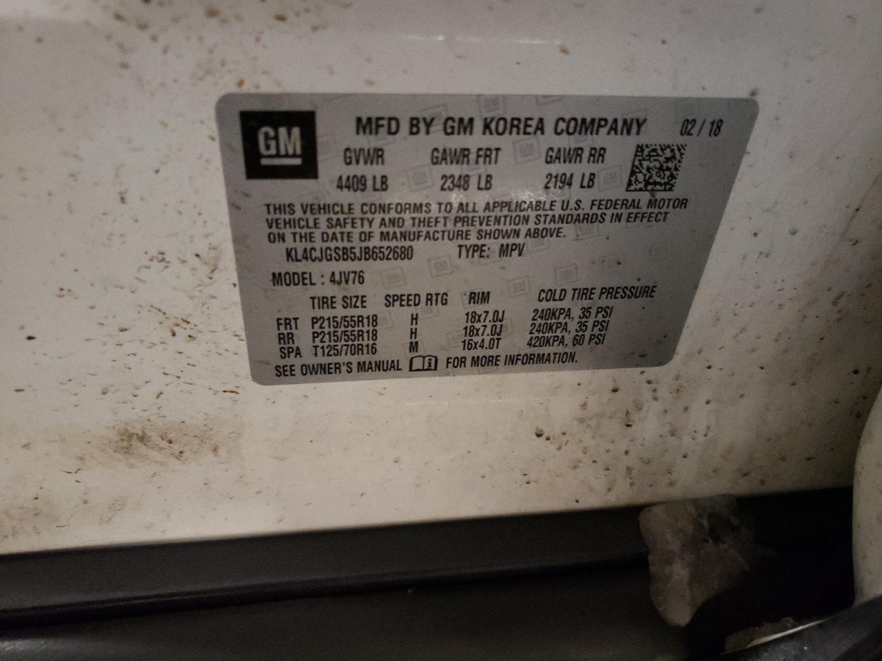 2018 Buick Encore VIN KL4CJGSB5JB652680 Copart auction photo, front end damage thumbnail 13