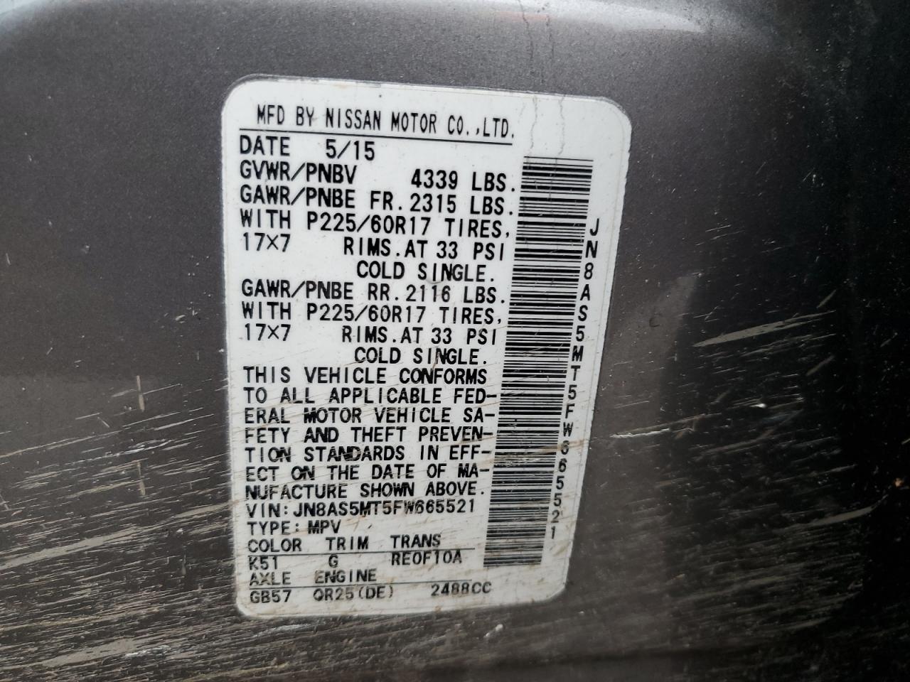 2015 Nissan Rogue VIN JN8AS5MT5FW665521 Copart auction photo, front end damage thumbnail 15