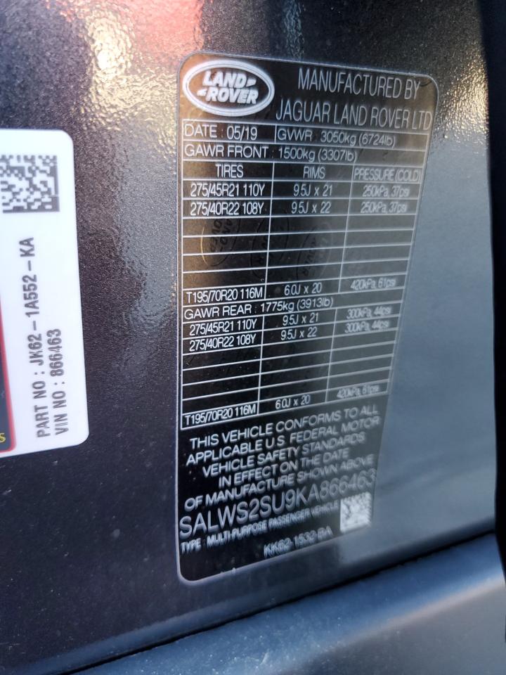 2019 Land Rover Range Rover VIN SALWS2SU9KA866463 Copart auction photo, rear end / front end damage thumbnail 14