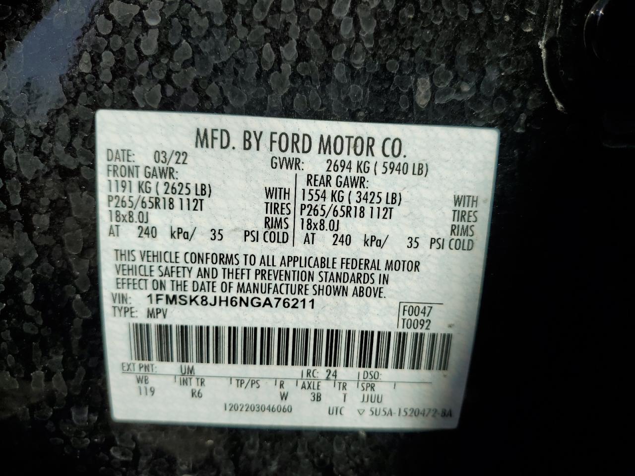2022 Ford Explorer VIN 1FMSK8JH6NGA76211 Copart auction photo, rear end / front end damage thumbnail 14