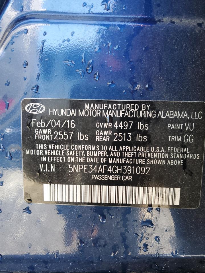 2016 Hyundai Sonata VIN 5NPE34AF4GH391092 Copart auction photo, side / front end damage thumbnail 13