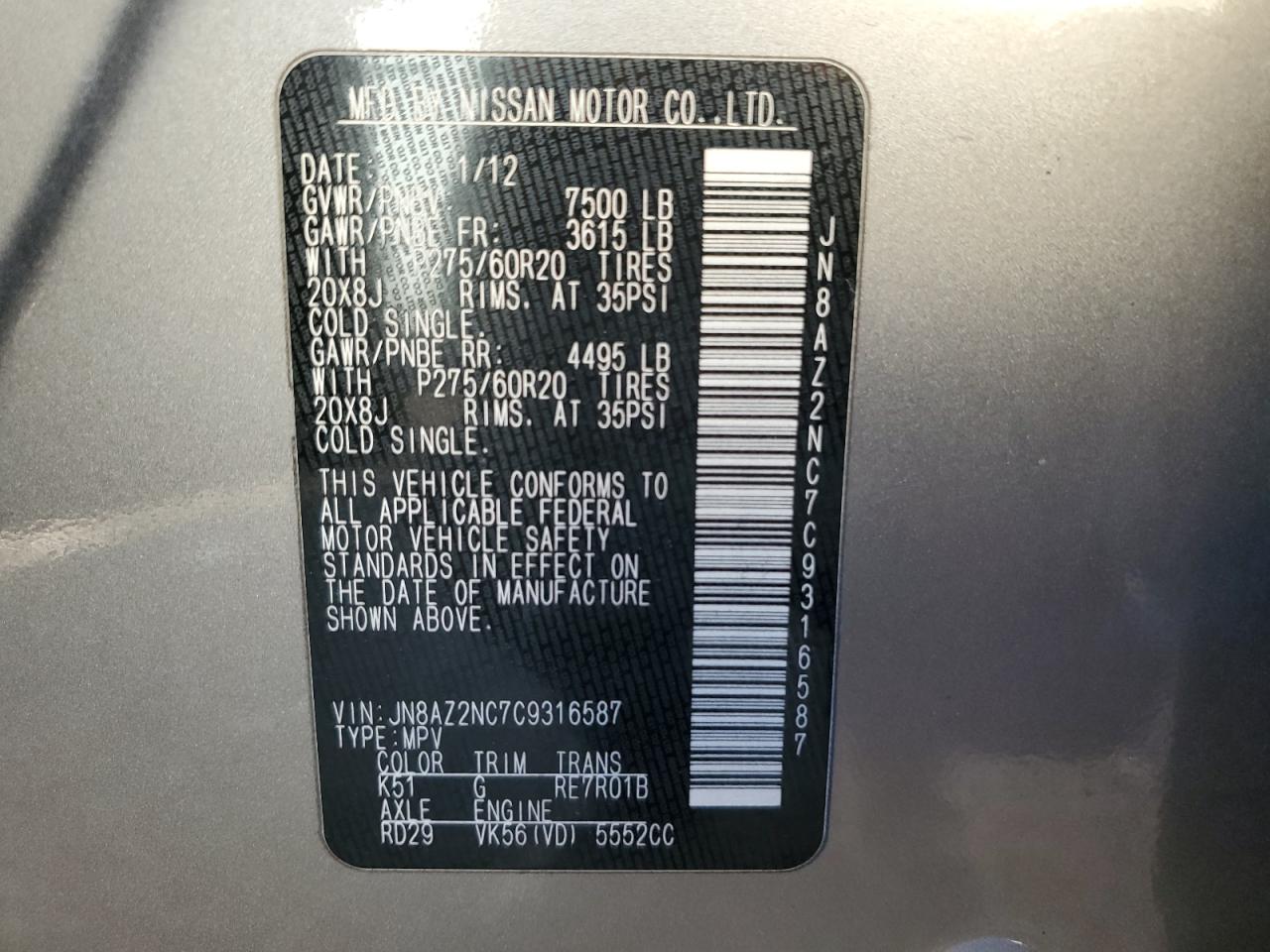 2012 Infiniti QX56 VIN JN8AZ2NC7C9316587 Copart auction photo, rear end / minor dent/scratches damage thumbnail 13