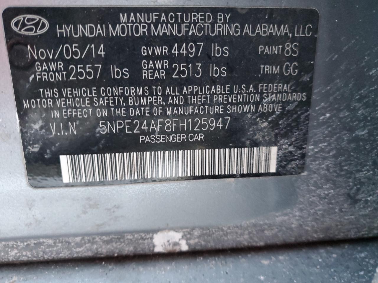 2015 Hyundai Sonata VIN 5NPE24AF8FH125947 Copart auction photo, vandalism damage thumbnail 12