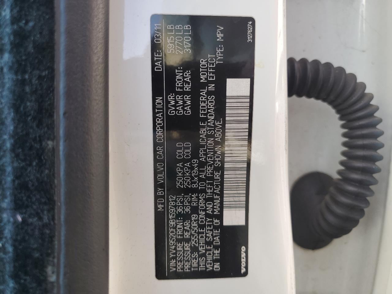 2011 Volvo XC90 VIN YV4952CF9B1597812 Copart auction photo, front end / rear end damage thumbnail 13