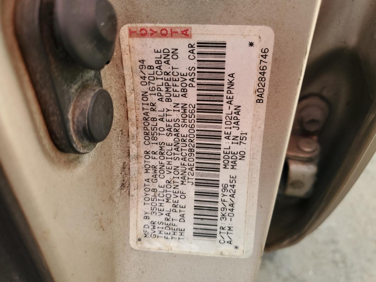1994 Toyota Corolla VIN JT2AE09B2R0065562 Copart auction photo, all over damage thumbnail 12