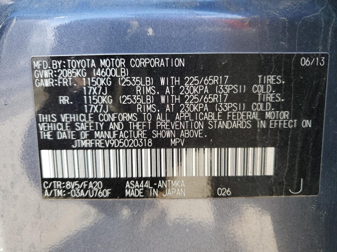 2013 Toyota RAV 4 VIN JTMRFREV9D5020318 Copart auction photo, rear end damage thumbnail 13