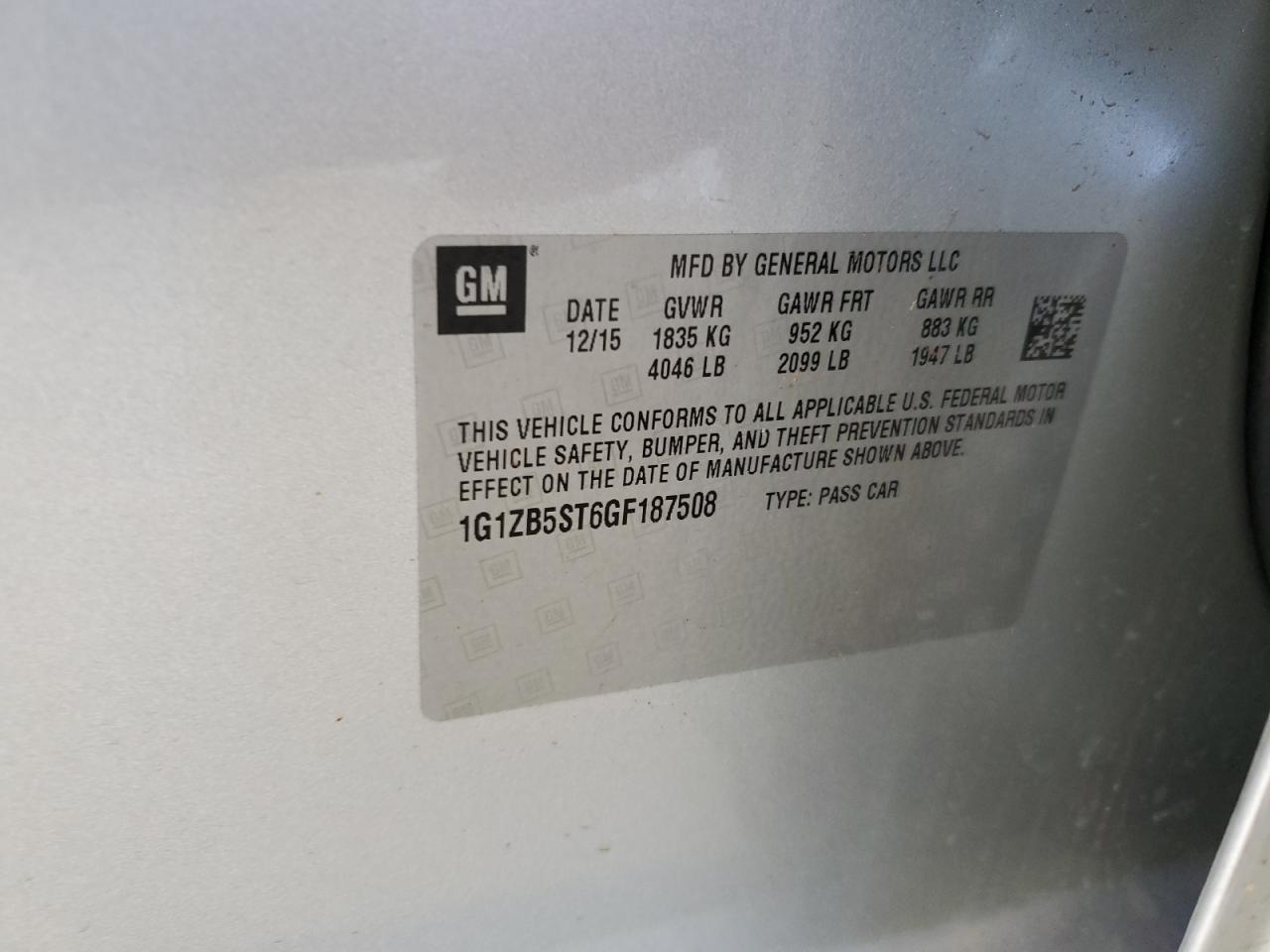 2016 Chevrolet Malibu VIN 1G1ZB5ST6GF187508 Copart auction photo, front end / side damage thumbnail 14
