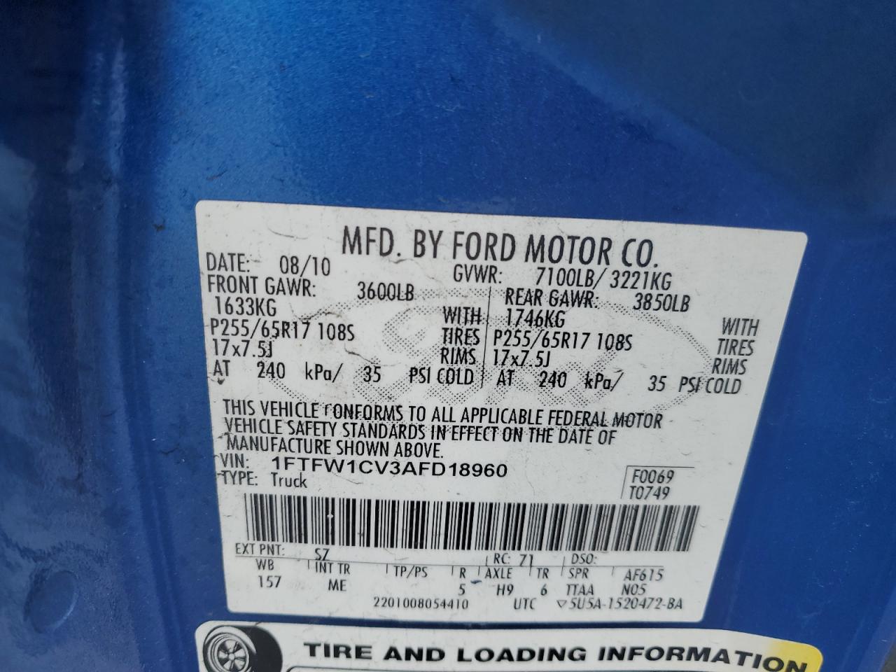 2010 Ford F-150 VIN 1FTFW1CV3AFD18960 Copart auction photo, side damage thumbnail 14