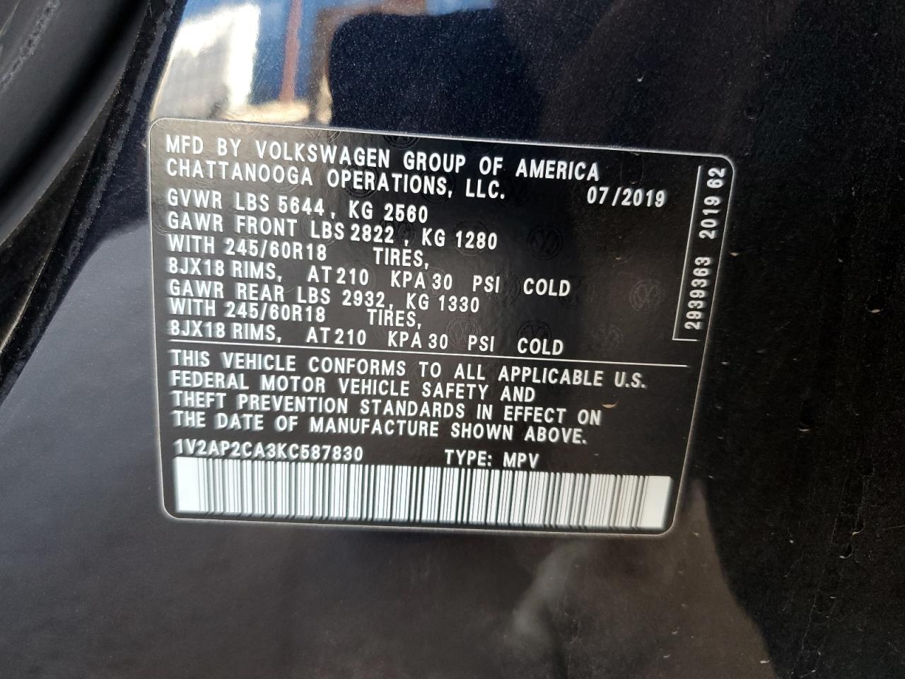2019 Volkswagen Atlas VIN 1V2AP2CA3KC587830 Copart auction photo, rear end / undercarriage damage thumbnail 13