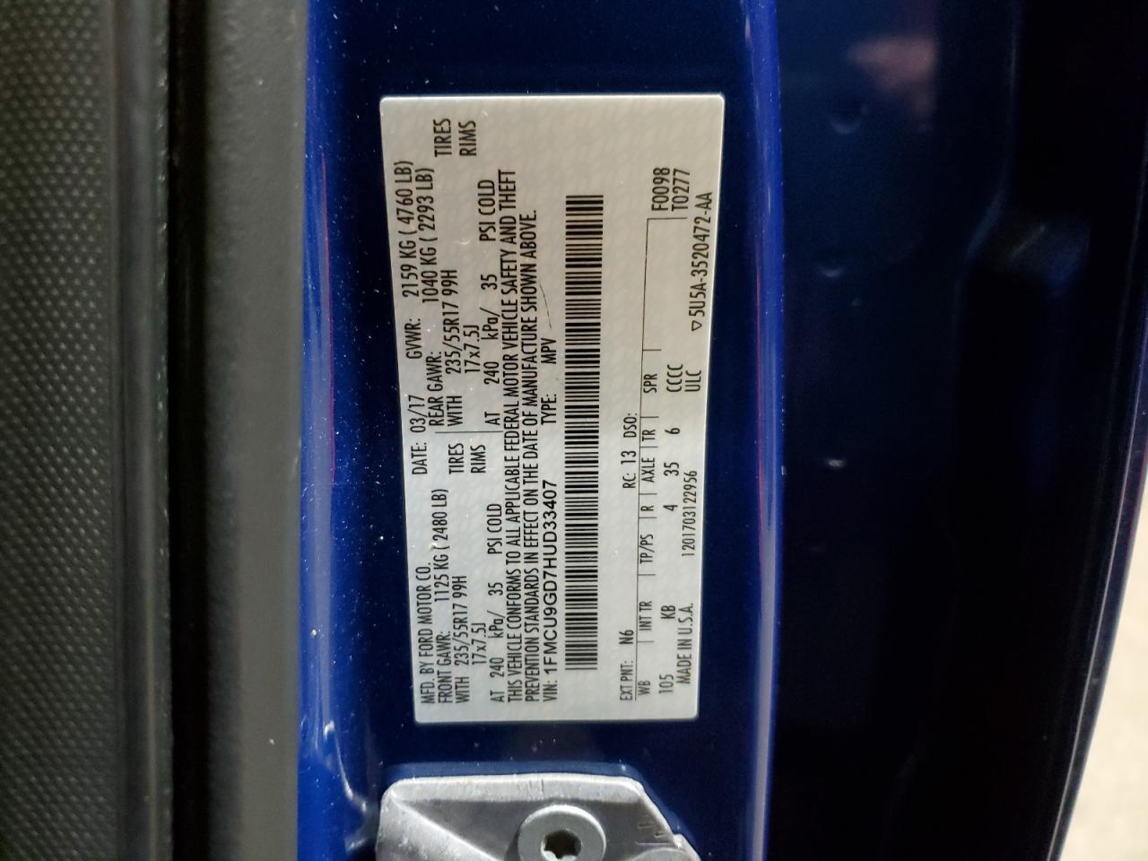 2017 Ford Escape VIN 1FMCU9GD7HUD33407 Copart auction photo, rejected repair / mechanical damage thumbnail 14