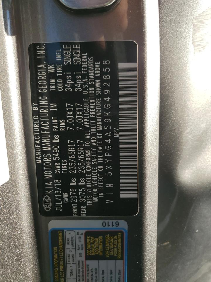 2019 KIA Sorento VIN 5XYPG4A59KG492858 Copart auction photo, rear end / side damage thumbnail 14